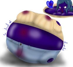 alternate_breast_size belly_expansion blue_hair blue_skin blueberry_inflation blueberry_juice breast_expansion enjoying female female_only gundam gundam_build_fighters hyper inflation inflation_fetish iori_rinko jeans large_breasts leaking_through_clothing navel northkelp puffy_cheeks spherical_inflation stretched_clothing sunken_head sunken_limbs sweater