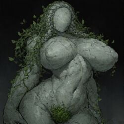 ai_generated big_breasts breasts curvy curvy_figure elemental_creature elemental_humanoid faceless faceless_female fantasy female female_focus female_only golem huge_breasts plant pubic_hair simple_background solo standing stone_body teron_games wide_hips
