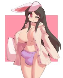 1futa 2022 animal_ears areolae balls big_breasts borvar breasts brown_hair bulge bunny_ears bunny_girl button_down_shirt character_request clothed clothing flaccid futa_only futanari humanoid humanoid_penis intersex kemonomimi light-skinned_futanari light_skin long_hair long_sleeves mostly_nude nipples one_eye_closed open_clothes open_shirt original original_character panties penis purple_eyes solo standing