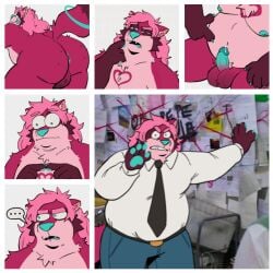 anthro ass balls blue_pawpads bodily_fluids bottomwear clenched_teeth clothing denim denim_bottomwear denim_clothing domestic_cat dripping ellipsis erection felid feline felis genital_fluids genitals hair half-closed_eyes humanoid_genitalia humanoid_penis jeans male mammal mocheccino narrowed_eyes nude overweight overweight_anthro overweight_male pants pawpads paws penis pink_hair precum precum_drip precum_string presenting presenting_balls presenting_hindquarters red_hair suit_jacket teeth vein veiny_penis wide_eyed