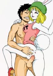 1boy 1girls anthro anus ass big_tail blonde_hair bottomless carrot_(one_piece) clothed clothes female flats fur furry gloves hair hat headgear hi_res kurita lagomorph long_ears looking_at_viewer male mammal mink_tribe monkey_d_luffy one_piece penis pussy rabbit shoes short_hair simple_background straight white_background