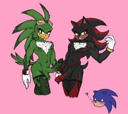 accipitrid accipitriform alien anthro avian babylonian_(sonic) balls beak bird black_body black_fur blush chest_tuft clenched_teeth clothing duo erection eulipotyphlan eyeshadow eyewear feather_markings feathers fishnet_clothing fishnet_leggings fishnet_legwear fishnet_thigh_highs fur fur_markings genital_markings genital_piercing genitals gloves goggles green_body green_feathers handwear hedgehog heehoohaa jet_the_hawk leg_markings leggings legwear makeup male male/male mammal markings mohawk muscle_tone navel navel_piercing nipple_piercing nipples penis penis_markings penis_piercing piercing pose posing_nude question_mark quills_(anatomy) red_body red_fur red_nipples saggy_balls sega shadow_the_hedgehog sonic_adventure sonic_riders sonic_the_hedgehog sonic_the_hedgehog_(comics) sonic_the_hedgehog_(series) stockings tail tail_feathers teeth thigh_highs thigh_markings tuft