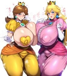 2girls ai_generated big_breasts blonde_hair blue_eyes breasts brown_hair enormous_breasts female female_focus female_only huge_breasts large_breasts long_hair looking_at_viewer mario_(series) plump princess princess_daisy princess_peach thick_thighs thighs venus_body
