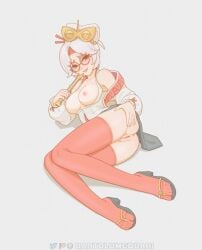 1girls ass_spread bartolomeobari glasses glasses_on_head inviting large_breasts partially_clothed purah the_legend_of_zelda white_hair