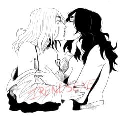2girls annie_leonhardt attack_on_titan black_hair black_hair_female blonde blonde_female blonde_hair blonde_hair_female female female/female female_only hand_on_breast hand_on_neck irenesexe kissing lesbian_kiss pieck_finger shingeki_no_kyojin tagme topless topless_female yuri