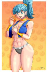 abs angelox27 blue_eyes blue_hair bulma_briefs dragon_ball dragon_ball_(classic) dragonball female female_only light-skinned_female light_skin panties ponytail solo solo_female teenage_bulma vest