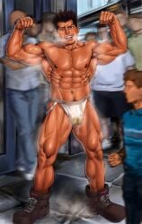 1boy artist_request bara bulge dark_skin flexing jockstrap male male_only muscular musk nipples people_in_background ryuzouji_junpei solo tagme tagme_(artist) those_who_hunt_elves