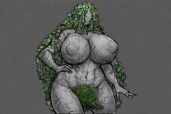 ai_generated big_breasts curvy curvy_figure elemental_creature elemental_humanoid faceless faceless_female fantasy female female_focus female_only golem huge_breasts plant pubic_hair simple_background solo standing stone_body teron_games wide_hips