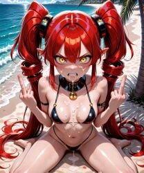 ai_generated anger_vein angry armband bangs barefoot beach bell bikini black_bikini black_swimsuit blush breasts buccha bukkake clenched_teeth clothing cloud collar cum cum_in_mouth cum_on_body cum_on_breasts cum_on_hair day drill_hair facial female female glaring hair_between_eyes hair_ornament long_hair looking_at_viewer medium_breasts micro_bikini middle_finger navel ocean outdoors palm_tree pointy_ears red_hair sand scowl semen semen_on_body semen_on_breasts semen_on_chest semen_on_upper_body sidelocks sitting sky smile solo stomach swimsuit teeth tree twin_drills twintails v-shaped_eyebrows very_long_hair wariza water yellow_eyes