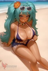 1girls 2d ai_generated aqua_hair ass barefoot big_ass big_breasts bikini bracelet brazilian_miku breasts dark-skinned_female earrings erophoenix eyewear_on_head feet full_body grin hair_flower hair_ornament hatsune_miku huge_breasts jewelry kneeling long_hair looking_at_viewer looking_back nail_polish patreon_username shorts smile soles solo solo_female sunglasses swimsuit tan tellow_shirt thick thick_thighs toes uncensored vocaloid
