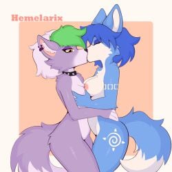 2025 animatronic anthro blue_body blue_fur blue_hair breasts canid canine canis closed_eyes collar digital_media_(artwork) duo ear_piercing female five_nights_at_freddy's five_nights_at_freddy's:_security_breach fox fur genitals hair hemelarix hi_res kissing krystal_(star_fox) machine mammal nintendo nipples nude piercing purple_body purple_fur robot roxanne_wolf scottgames simple_background star_fox steel_wool_studios tail white_body white_fur wolf