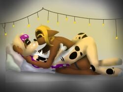 anthro arm_tattoo bed blonde_hair brown_body brown_skin canid canine canis cephalopod chest_tattoo closed_eyes dawn_(vobolni317) domestic_dog duo eyemask eyewear female from_front_position frye_(splatoon) fur furniture hair hi_res holding_partner's_arm holding_partner's_head humanoid inkling kissing leaning leaning_forward leg_tattoo lying male male/female mammal marine missionary_position mollusk multicolored_body multicolored_fur neck_tuft nintendo on_back paws penetration pillow purple_body purple_fur sex sex_toy splatoon strapon strapon_sex string_lights tattoo toying_partner tuft vobolni317 yellow_body yellow_fur