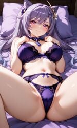 ai_assisted alucardsnakexz27 bed genshin_impact keqing_(genshin_impact) lingerie open_legs underwear