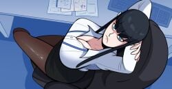1girls big_breasts breasts cleavage clothed crossed_legs down_blouse female from_above frown hands_behind_head hellonearthiii kill_la_kill kiryuuin_satsuki lanyard large_breasts looking_at_viewer looking_up office office_lady pantyhose sitting skirt solo thick_eyebrows variant_set white_shirt