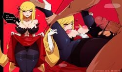 1boy bare_shoulders black_pantyhose blonde_hair blush_stickers breasts clothed_female_nude_male clothes_lift commentary completely_nude elbow_gloves english_commentary english_text female frottage gloves grabbing_another's_breast groping high_heels kiss-shot_acerola-orion_heart-under-blade large_breasts long_hair medium_skirt monogatari_(series) nerfechi nipples nude oshino_shinobu pantyhose penis pointy_ears red_skirt shoes skirt skirt_lift straight torn_clothes torn_pantyhose uncensored veins veiny_penis very_long_hair web_address white_gloves white_shoes yellow_eyes