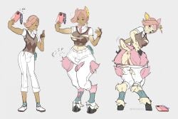 anthro anus blush bottomwear breast_growth breasts bulge clothing deerling ear_piercing electronics expansion female footwear fur gender_transformation generation_5_pokemon gesture gloves grey_background growth hair hand_gesture hand_on_butt handwear hi_res holding_object holding_phone hooves human human_to_anthro iilima ilima_(pokemon) looking_at_viewer male mammal mtf_transformation nintendo pants phone piercing pika-moo pink_body pink_fur pink_hair pokemon pokemon_(species) selfie shoes short_hair simple_background smile species_transformation tail tail_growth thigh_expansion torn_clothing transformation v_sign vulva white_bottomwear white_clothing white_pants
