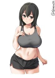 :o akitsu_maru_(kantai_collection) alternate_costume artist_name black_hair black_shorts blush bra breasts cleavage collarbone cowboy_shot cropped_legs dolphin_shorts ebifurya eyebrows_visible_through_hair female grey_bra hair_between_eyes hand_on_own_chest highres kantai_collection large_breasts looking_at_viewer medium_hair navel one-hour_drawing_challenge shorts side_slit simple_background solo solo_female sports_bra sportswear twitter_username underwear white_background