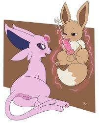 balls bodily_fluids cum duo eevee eeveelution espeon female feral generation_1_pokemon generation_2_pokemon genital_fluids hi_res knot male male/female masturbation nintendo penis pokemon pokemon_(species) psychic_handjob pussy squigglydraws vulva