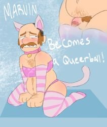1boy arm_warmers cat_boy cat_ears cat_tail catboy collar dubious_consent embarrassed faggot flustered flustered_male implied_yaoi male male_only marvin_(sml) middle_aged middle_aged_male penis redafterdark small_penis sml solo supermariologan thighhighs tiny_penis