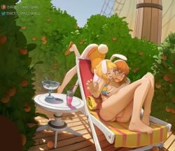 2girls bartolomeobari big_breasts blonde_hair bunny_ears carrot_(one_piece) fingering_pussy grabbing_breasts kemonomimi long_hair masturbation nami_(one_piece) one_piece orange_hair surprised tail yuri