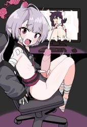 absurdres bandaged_leg bandages bell blue_archive breasts caught cum ejaculation erection female futanari futanari_masturbation gauze gauze_on_cheek grey_hair halo highres huge_cock jingle_bell kaede_(blue_archive) large_breasts long_hair looking_at_viewer mago_cats masturbation monitor nipples oerba_yun_fang on_chair open_mouth penis pointy_ears projectile_cum red_eyes red_halo shuro_(blue_archive) sitting small_breasts solo swivel_chair uncensored