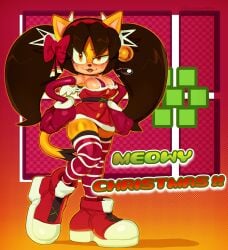 1girls absurd_res amber_eyes anthro black_hair breasts cashumeru christmas christmas_outfit digital_media_(artwork) english_text female_focus gloves hair_accessory hair_ribbon hairband hi_res honey_the_cat large_breasts long_hair open_mouth shoes sonic_(series) sonic_the_fighters striped_legwear sweat tail