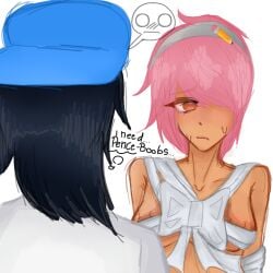1boy 1girls battle_for_dream_island bfdi black_hair blushing breasts embarrassed english_text female headband looking_at_partner male object_shows pen_(bfdi) pencil_(bfdi) personification pink_hair staring_at_breasts sweating text wrapped_up