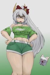 1girls abs alternate_costume belt big_breasts bow breasts chibi chibi_inset cleavage crop_top ex-keine female fujiwara_no_mokou green_shorts hair_bow horns keine_kamishirasawa large_breasts long_hair lunlun_tien midriff multiple_girls navel no ponytail red_bow red_eyes shorts solo solo_female solo_focus suspenders thick_thighs thighs touhou white_hair