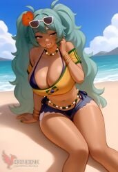 1girls 2d ai_generated aqua_hair ass barefoot big_ass big_breasts bikini bracelet brazilian_miku breasts dark-skinned_female earrings erophoenix eyewear_on_head feet full_body grin hair_flower hair_ornament hatsune_miku huge_breasts jewelry kneeling long_hair looking_at_viewer looking_back nail_polish patreon_username shorts smile soles solo solo_female sunglasses swimsuit tan tellow_shirt thick thick_thighs toes uncensored vocaloid