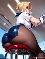 ai_generated annie_leonhardt ass attack_on_titan balecxi blonde_hair blue_eyes blue_skirt female folded_ponytail from_behind indoors large_breasts looking_at_viewer looking_back pantyhose patreon_username pencil_skirt shaded_face shingeki_no_kyojin short_sleeves sitting solo stool thighs white_gloves white_shirt