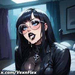 after_fellatio ai_generated bangs bed black_hair black_jacket black_lips blue_eyes blunt_bangs blush breasts cleavage cum cum_in_mouth curtains ear_piercing earrings eyelashes eyeshadow facial female glasses goth goth_girl gothic hi_res high_resolution indoors jacket jewelry lipstick long_hair makeup mascara medium_breasts necklace nose_piercing on_bed open_mouth piercing pillow rain rosa_(vexnflex) see-through solo teeth upper_body upper_teeth_only vexnflex watermark window
