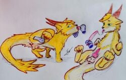 ambiguous_gender ambiguous_on_feral animal_genitalia animal_penis anus arcticos balls bodily_fluids brown_horn canid canine canine_genitalia canine_penis dragon duo ears_down feral fur genitals green_eyes hair hi_res horn hybrid lying male male/ambiguous mammal multicolored_body mythological_canine mythological_creature mythological_scalie mythology on_back oral oral_penetration orange_body pawpads paws penetration penis pivoted_ears raised_leg saliva scalie sex_toy sex_toy_in_mouth sex_toy_insertion sheath simple_background tail tongue tongue_out traditional_media_(artwork) two_tone_body