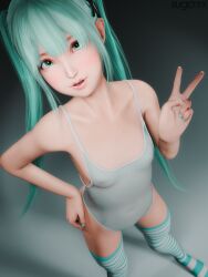 3d cosplay dead_or_alive hatsune_miku looking_at_viewer marie_rose peace_sign solo solo_female suga7fx v_sign
