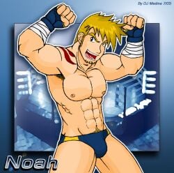 00s 1:1 1boy 2005 bara blonde_hair bulge dated dj_medina male male_only muscular noah_(sarumaru) original sarumaru solo tagme