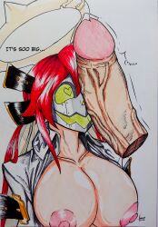 big_penis breasts canon_couple couple guilty_gear guilty_gear_strive heart-shaped_pupils husband_and_wife jack-o'_valentine long_hair masked penis_on_face red_hair sol_badguy traditional_media_(artwork) ventis2099_(artist)