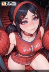 ai_generated bangs bare_shoulders black_hair blue_eyes blush bookshelf breasts cheerleader choker dollmaker dollmaker_(artist) female gym_storeroom hair_bun hair_ornament hair_scrunchie hairband hairclip heart heart-shaped_pupils looking_at_viewer looking_up no_panties patreon_logo patreon_username pom_pom_(cheerleading) sitting skirt sleeveless smile solo spread_legs symbol-shaped_pupils tagme watermark web_address