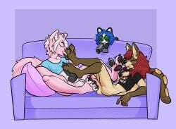 animal_genitalia animal_penis animate_inanimate anthro ass balls bear black_pawpads bottomless bottomless_anthro bottomless_male brown_body brown_fur brown_hair canid canine canine_genitalia canine_penis canis closed_eyes clothed clothing domestic_cat domestic_dog erection feet felid feline felis femboy foot_fetish foot_in_face foot_play footjob fur furniture genitals giant_panda hair hi_res highlights_(coloring) humanoid_genitalia humanoid_penis knot leona_(aka)_little_one living_plushie male mammal multicolored_body multicolored_fur mutual_footjob mutual_masturbation pawpads paws penis pink_body pink_fur pink_hair plushie purple_background sex simple_background sledge_revorse sofa tan_body tan_fur tongue tongue_out two_tone_body two_tone_fur white_highlights xing1