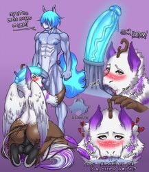 abs aisen_horse anthro anus ass avian ball_suck balls big_penis blue_hair blush blush_lines brown_body brown_fur dialogue english_text equid equine erection european_mythology feathered_wings feathers fellatio femboy fur genitals greek_mythology grey_body grey_fur hair hair_over_eyes half-closed_eyes hi_res hippogriff hooves horse huge_cock hybrid_genitalia hybrid_penis jui_nichi male mammal markings medial_ring muscle_tone muscular muscular_anthro muscular_male mythological_avian mythological_creature mythology narrowed_eyes oral oral_penetration pecs penetration penile penis perineum purple_background purple_markings sex simple_background speech_bubble sucking tail tail_tuft text tongue tongue_out tuft white_body white_feathers white_fur wings