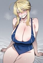 1girls ai_generated artoria_pendragon_(lancer) blue_one-piece_swimsuit fate/grand_order fate_(series) large_breasts oncetwice one-piece_swimsuit solo swimsuit