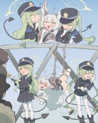 3girls 3others :d ^_^ absurdres akiyusa animal_ears bar_censor black_shorts black_skirt blue_archive blue_background blush censored closed_eyes commentary crossover demon_tail english_commentary gradient_background green_hair green_halo halo highres hikari_(blue_archive) indie_virtual_youtuber kinni long_hair multiple_girls multiple_others nozomi_(blue_archive) oerba_yun_fang open_mouth pantyhose pleated_skirt pointy_ears rabbit_ears rabbit_girl restrained shorts skin_fang skirt smile standing tail twintails virtual_youtuber white_hair white_pantyhose yellow_eyes young