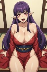 ai_generated bangs bare_shoulders blush breasts cleavage collarbone earrings female japanese_clothes jewelry kimono large_breasts long_hair no_panties obi off_shoulder open_mouth pointy_ears purple_hair red_eyes sash sitting smile solo tatami
