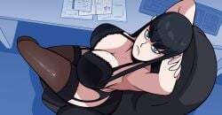 1girls armpits big_breasts black_bra bra breasts brown_thighhighs cleavage crossed_legs exhibitionism female from_above frown garter_belt garter_straps hands_behind_head hellonearthiii kill_la_kill kiryuuin_satsuki lace-trimmed_bra lace-trimmed_thighhighs large_breasts lingerie looking_at_viewer looking_up office office_lady sitting solo thick_eyebrows thighhighs underwear underwear_only variant_set