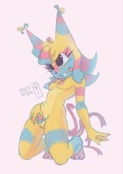 background black_eyes breasts completely_nude dandy's_world female female_masturbation full_body happy kneeling masturbation multicolored_body multicolored_hair navel nipples nude pussy signature small_breasts smetshk smile solo spread_pussy tail teeth telegram thighs tongue tongue_out yatta_(dandy's_world)