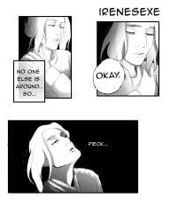 2girls annie_leonhardt attack_on_titan biting_lip biting_own_lip black_hair black_hair_female blonde_female blonde_hair blonde_hair_female blush comic cunnilingus female female/female implied_cunnilingus implied_oral irenesexe lesbian_sex page_2 pieck_finger shingeki_no_kyojin speech_bubble tagme yuri
