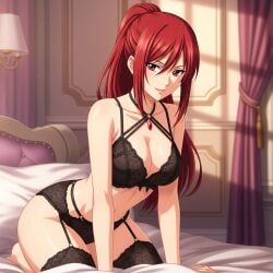 1girls ai_generated bed black_lingerie black_underwear breasts erza_scarlet fairy_tail female lingerie necklace no_sex red_eyes red_hair sfw underwear waifu_diffusion