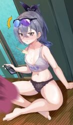 ^^^ absurdres areola_slip barefoot black_panties blanket breasts commentary_request excella_(delltothu) feet female food gaming goggles goggles_on_head grey_hair grey_tank_top highres holding holding_phone honkai:_star_rail honkai_(series) hoshimi_miyabi indian_style indoors long_hair midriff mihoyo navel panties phone playing_games popsicle silver_wolf_(honkai:_star_rail) sitting small_breasts solo tank_top toes underwear zenless_zone_zero