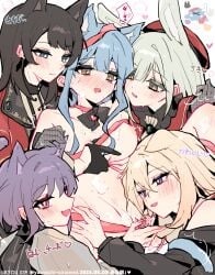 5girls amoris_(bang_dream!) animal_ears ascot bang_dream! bang_dream!_it's_mygo!!!!! beret black_gloves black_hair blonde_hair blue_eyes blue_hair blush breasts capelet cat_ears cat_girl cat_tail chinese_commentary clothing_cutout commentary_request controller doloris_(bang_dream!) extra_ears gangbang gloves green_background green_hair grey_gloves groping group_sex hair_between_eyes harem hat highres holding holding_remote_control kemonomimi_mode kyou_039 long_hair medium_breasts medium_hair misumi_uika mortis_(bang_dream!) mortis_(costume)_(bang_dream!) mouth_hold multiple_girls nipples oblivionis_(bang_dream!) open_mouth pink_eyes purple_eyes purple_hair pussy rabbit_ears rabbit_girl red_capelet red_hat remote_control remote_control_vibrator sex_toy shirt short_hair shoulder_cutout sweatdrop tail timoris_(bang_dream!) togawa_sakiko vibrator wakaba_mutsumi white_ascot yahata_umiri yellow_eyes yuri yuutenji_nyamu