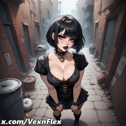 ai_generated alley bangs black_dress black_footwear black_hair blue_eyes blunt_bangs blush boots bracelet breasts cleavage collar collarbone day dress female full_body goth goth_girl gothic hi_res high_resolution jewelry knee_boots lace large_breasts lily_(vexnflex) lips looking_at_viewer makeup mascara outdoors short_hair short_sleeves solo spiked_bracelet spiked_collar spikes standing trash_can vexnflex watermark