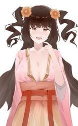 1girls big_breasts breasts brown_hair chinese_clothes cleavage dress eyebrows_visible_through_hair female female_only flower_hair_ornament flower_in_hair large_breasts limbus_company long_hair long_sleeves looking_at_viewer no_bra orange_eyes project_moon simple_background smile solo tied_hair twintails white_background wide_sleeves xue_baochai 有栖敏