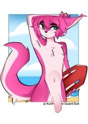 anthro beach biped canid canine canis foreskin fur genitals half-erect hi_res humanoid_genitalia humanoid_penis kunfen male mammal nude_anthro nude_male penis pink_body pink_fur slim_anthro slim_male solo wolf